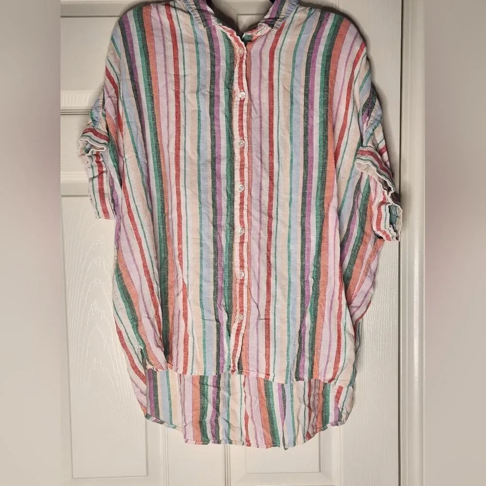 Time and True XL (16-18) Striped RolledShrtslv LINENBlend Buttons Up Women Shirt - Picture 2 of 9